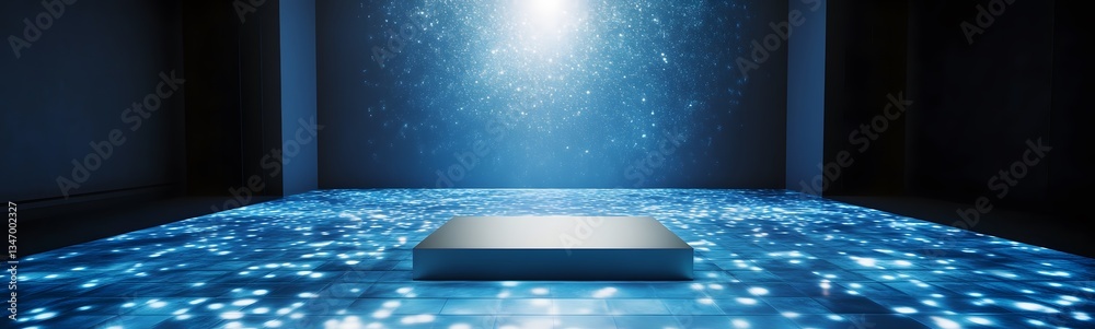 A podium constructed from floating holographic panels, shifting dynamically.