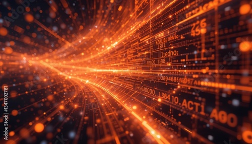 Dynamic Futuristic Data Stream in Orange, Visualization of Energy and Technology, Abstract Environment, Digital Art