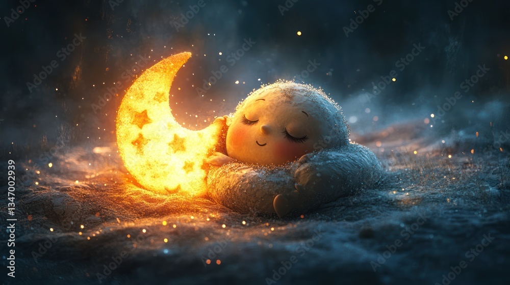 A sleepy moon hugging a glowing star, with sparkles around, on a pastel gray background A sleepy moon hugging a glowing star, with sparkles around, on a pastel gray background