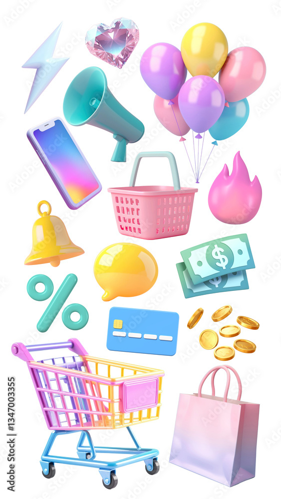 PNG 3d pastel shopping element set, transparent background PNG 3d pastel shopping element set, transparent background