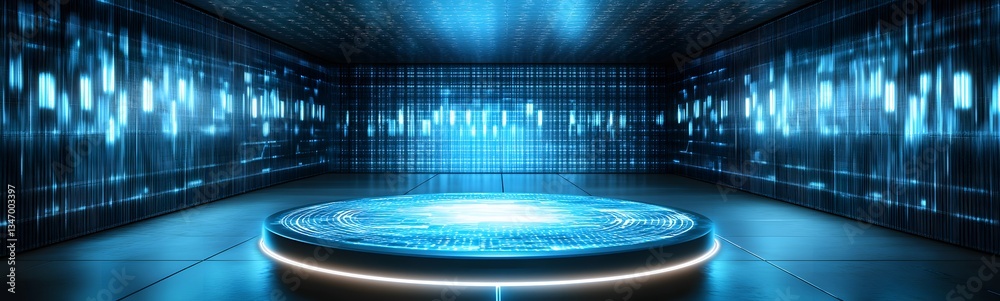 A podium constructed from floating holographic panels, shifting dynamically.
