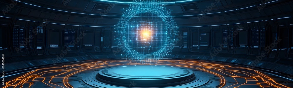 A podium rising from a futuristic digital grid, surrounded by energy lines.