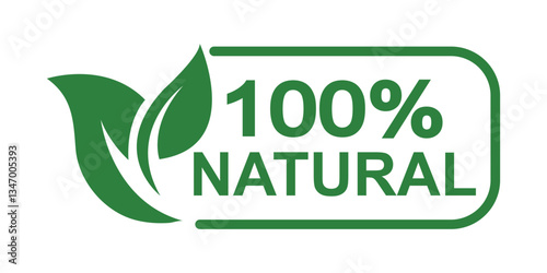 100% natural and organic product, 100% natural flat green icon vector label template in trendy style illustration isolated on white background.