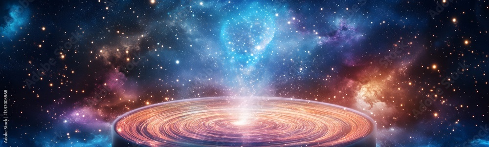 A podium shaped like a cosmic nebula, constantly changing colors and patterns.