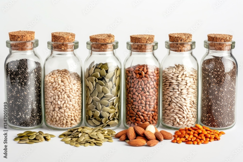 Six glass jars filled with various seeds and nuts, including chia seeds, pumpkin seeds, sunflower seeds, and almonds. Six glass jars filled with various seeds and nuts, including chia seeds, pumpkin seeds, sunflower seeds, and almonds.