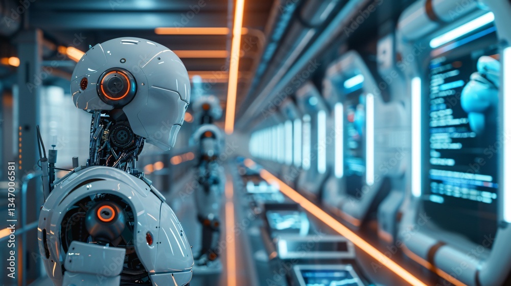 Fototapeta premium Futuristic AI Robot Background in High-Tech Laboratory