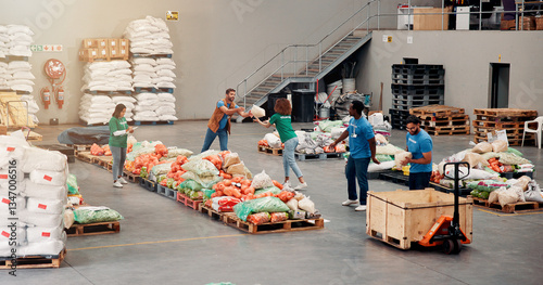 People, volunteer and help with food distribution for grocery donation, sorting vegetables and charity aid. Staff, packaging stock and community outreach, social responsibility and non profit program
