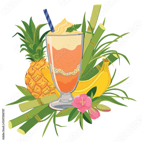 Vector composition with refreshing cocktail, pineapple, banana and tropical flowers. Illustration for beach bar menu. Cruise vacation, summer holidays, party, cafe, vacation.