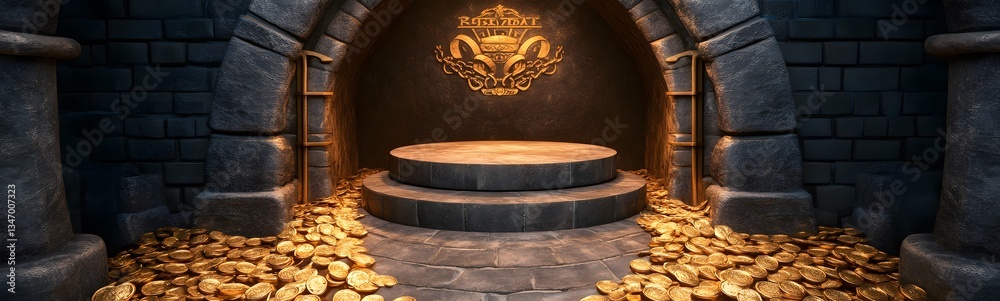 A podium hidden inside a pirate treasure vault, surrounded by riches.