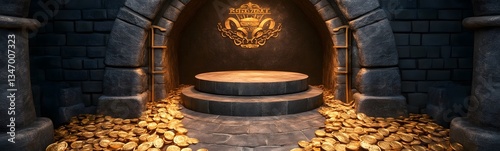 Obraz na płótnie A podium hidden inside a pirate treasure vault, surrounded by riches. w salonie
