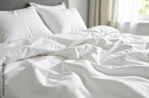 Disassembled bed with white crumpled bed linen in clean cozy room