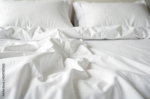 Disassembled bed with white crumpled bed linen in clean cozy room