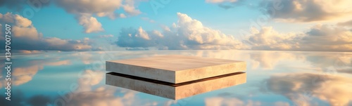 A podium floating on an endless mirror-like surface, reflecting the entire sky.