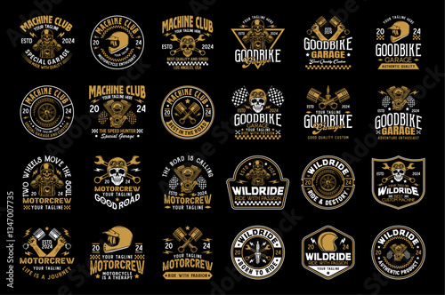 Vintage custom motorcycle logo sign badge vector collection. Motorcycle garage and mechanic logo with retro style vector design. Motorbike parts logo vector bundle