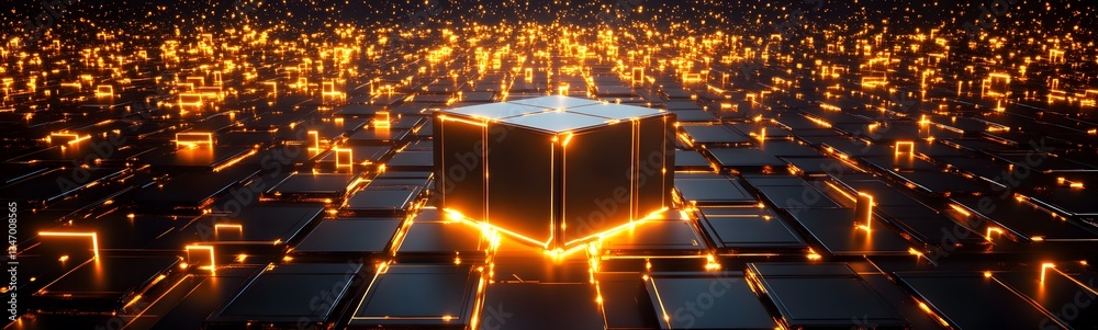 A podium surrounded by levitating, glowing cubes in a futuristic AI-driven world.