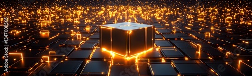 Obraz na płótnie A podium surrounded by levitating, glowing cubes in a futuristic AI-driven world. w salonie