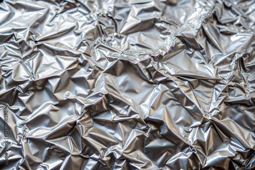 Crumpled aluminum foil close up with silver texture