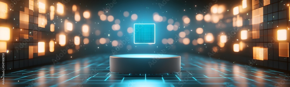 A podium surrounded by levitating, glowing cubes in a futuristic AI-driven world.
