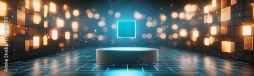 Obraz na płótnie A podium surrounded by levitating, glowing cubes in a futuristic AI-driven world. w salonie