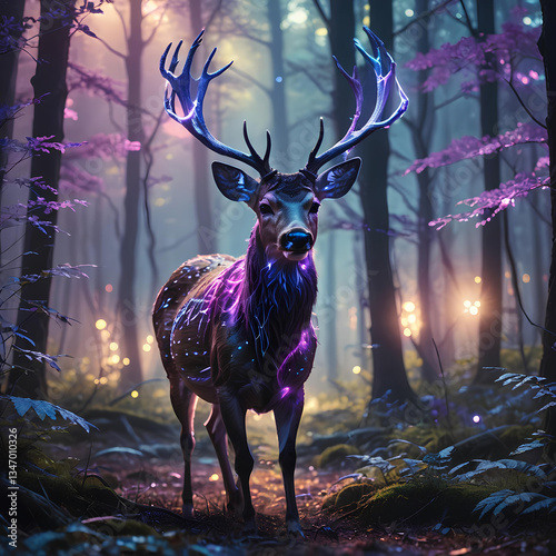 An imaginary deer covered with optical fibers that light up in a magic night forest