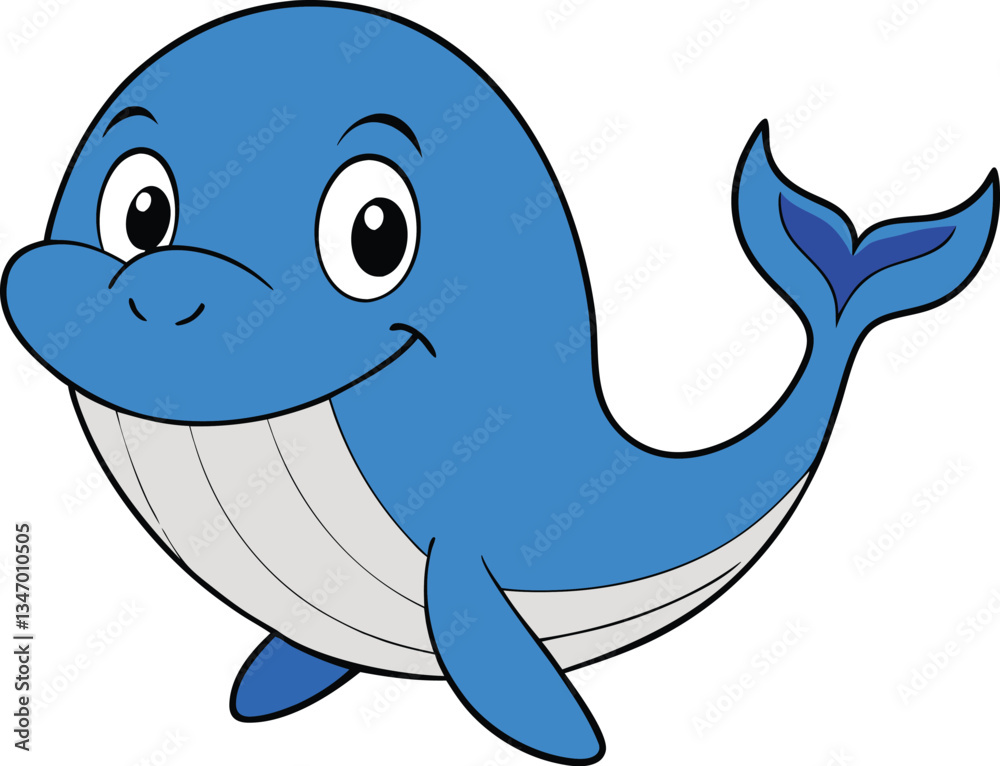 Obraz premium A playful and friendly blue whale cartoon mascot, with big, expressive eyes and a cheerful smile. Its rounded body and gentle demeanor evoke joy and approachability. Perfect for kids!