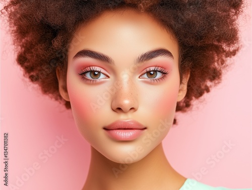 stunning close-up portrait of a woman with artistic pastel makeup and a confident expression and like real woman ,feminine 
