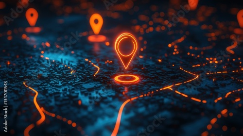 futuristic city map with glowing routes and location pins highlighting a network of interconnected destinations in a vibrant digital landscape