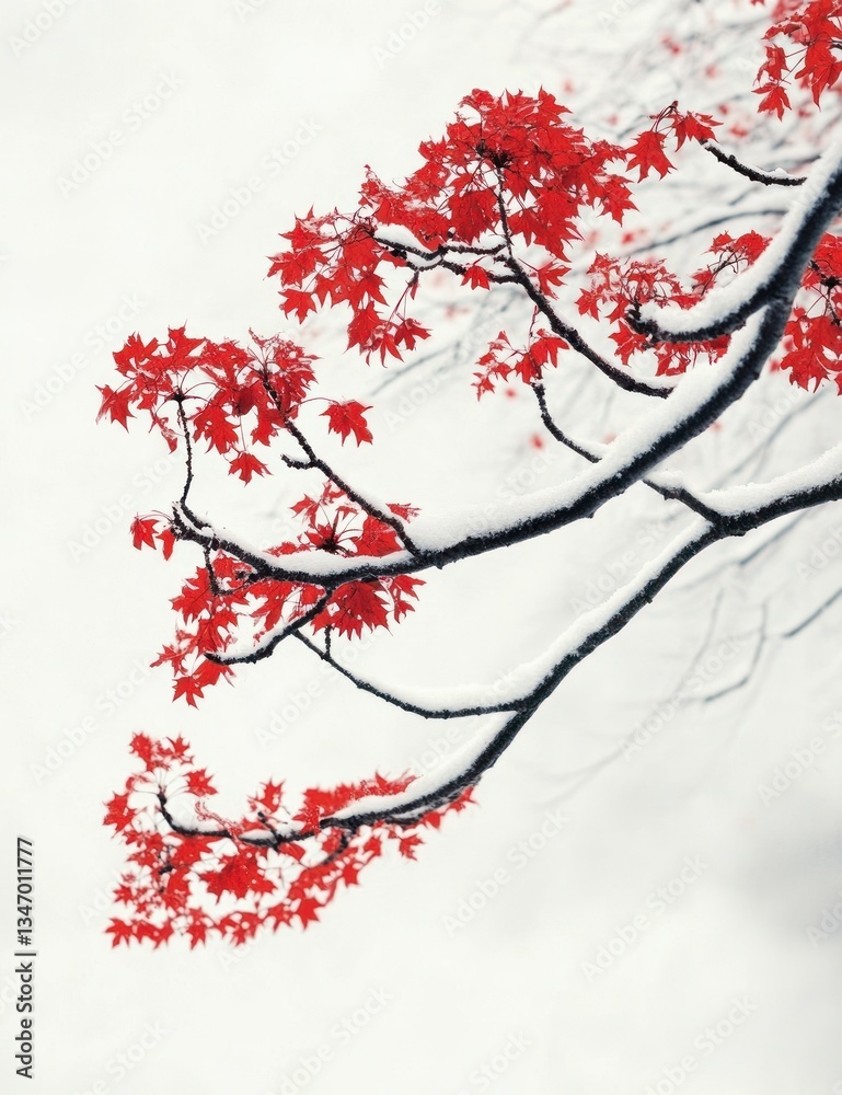Red Maple Leaves and Snowy Branch Contrast on Winter Day Red Maple Leaves and Snowy Branch Contrast on Winter Day