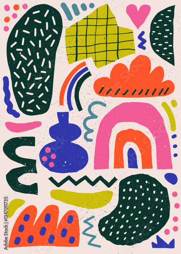 Abstract organic shape poster with naive geometric doodles in trendy colors.