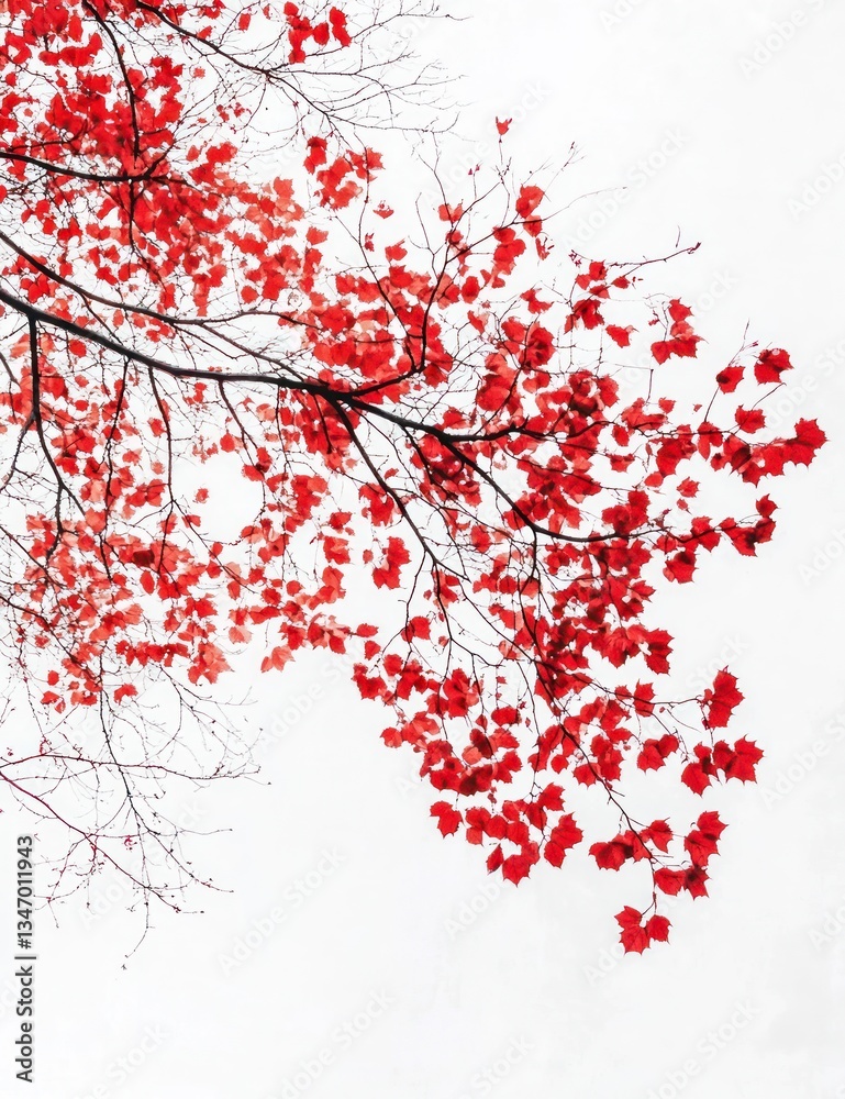 Fototapeta premium Red Maple Leaves Against White Sky Nature Background in Autumn