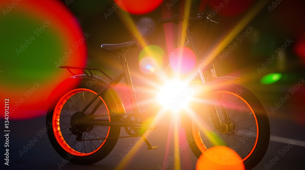 Fototapeta premium A bicycle with orange rims dramatically lit against a dark background.