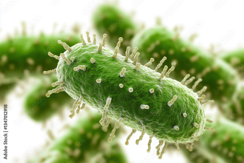 Naklejka premium Detailed microscopic view of rod-shaped bacteria, illustrating surface structures and microbial detail. Green microorganisms against a blurred background.