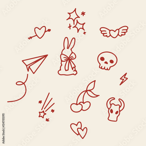 A set of doodle images of a skull, rabbit, paper airplane, hearts and sparkles