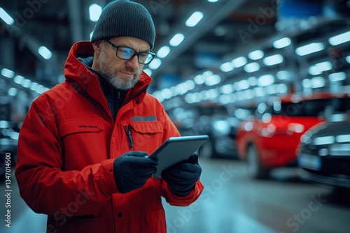 Man in red jacket uses a tablet inside a factory