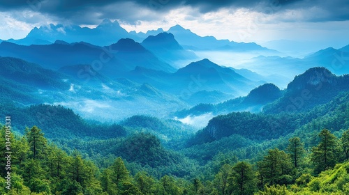 Misty mountain range landscape, scenic view, travel poster