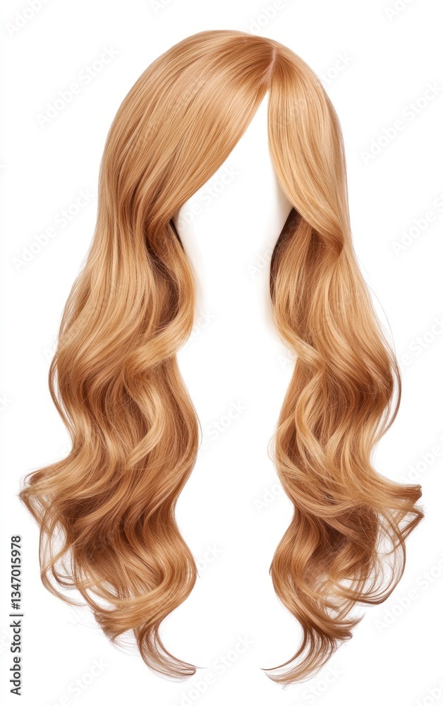 Naklejka premium Blonde Wavy Hair Wig on White Display for Styling Purposes
