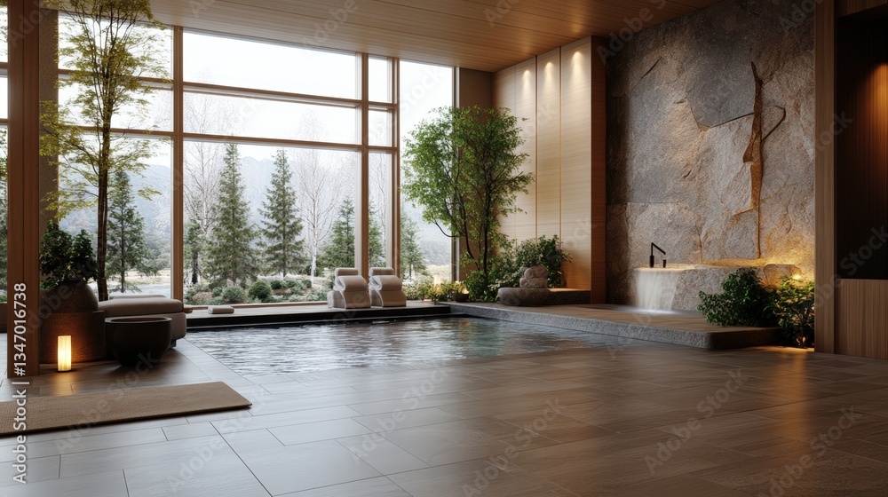 Fototapeta premium Photorealistic rende of a luxurious hotel spa with tranquil indoor pool, lush greenery, warm lighting, and view of snow-dusted forest scenery
