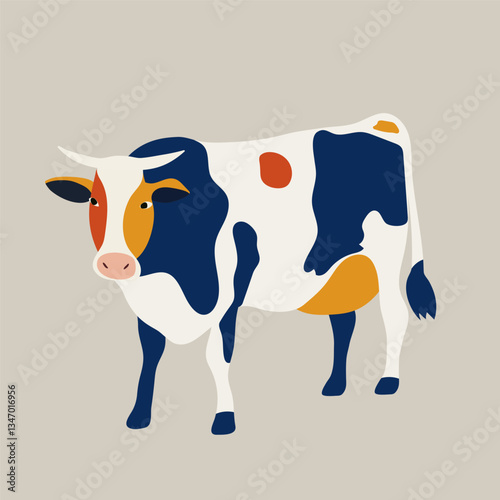 A cow with multi-colored spots stands on a beige background. Graphic print or logo