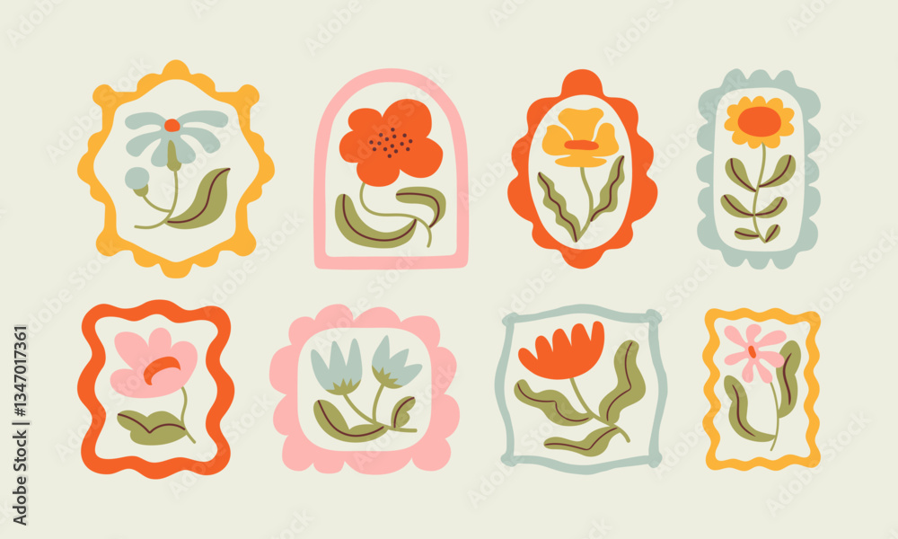 Colorful floral frame illustration set. Vintage style flower design collection. Geometric natural bouquet decoration, spring season nature flowers.	
