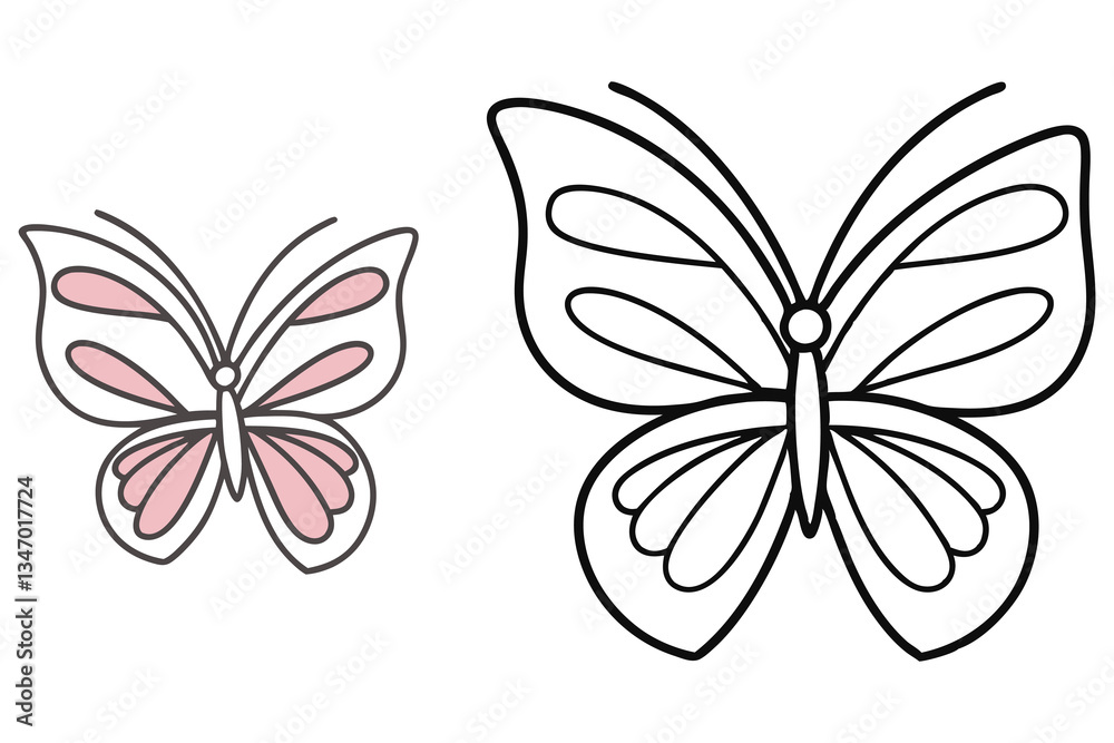 Obraz premium Two Simple Butterfly Outlines Pink Winged Insect for Kids' Coloring Books and Educational Resources