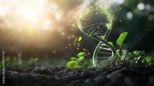 A glowing green DNA strand intertwined with plant roots and leaves, symbolizing biotechnology advancements in agriculture and genetic engineering.