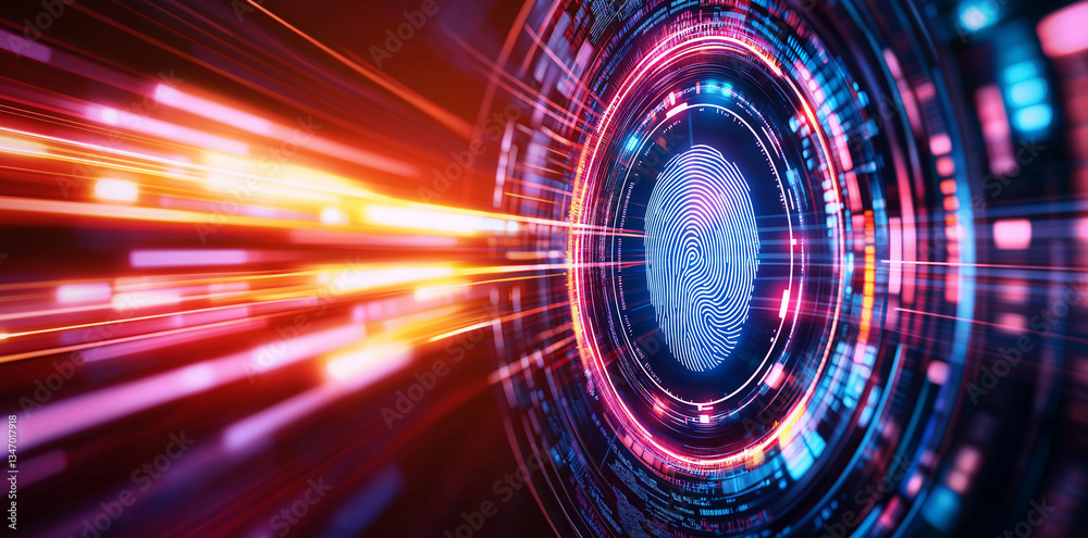 Obraz premium Futuristic digital technology background featuring fingerprint surrounded by vibrant light trails, symbolizing security and innovation in high tech environment