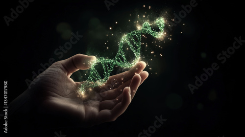 A scientist's hand holds a glowing green DNA strand, pulsing with bioelectric energy, surrounded by digital genetic codes and molecular projections.