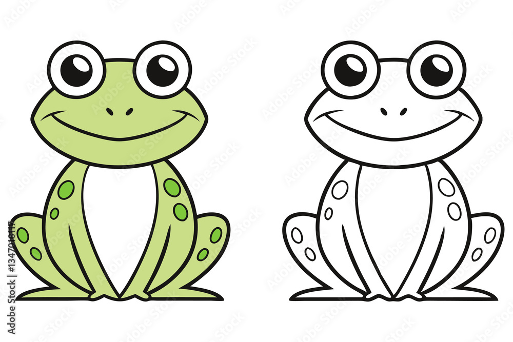 Obraz premium Whimsical Frog Cartoon Green Colored and Black and White Outline for Coloring Books and Creative Design Projects