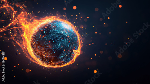 A floating holographic globe in a dark futuristic lab, with glowing light trails and pulsating circuits symbolizing high-speed 6G connectivity.