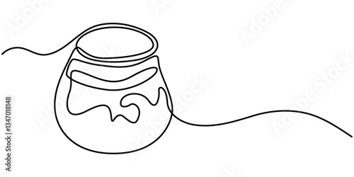 Glass canning jar in continuous line art drawing style. Food preserve. Minimalist black linear sketch on white background. Vector illustration. 