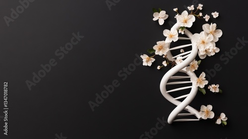 A close-up of a flower arrangement shaped like a DNA helix, isolated against a dramatic black background, symbolizing nature’s design