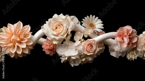 A close-up of a flower arrangement shaped like a DNA helix, isolated against a dramatic black background, symbolizing nature’s design