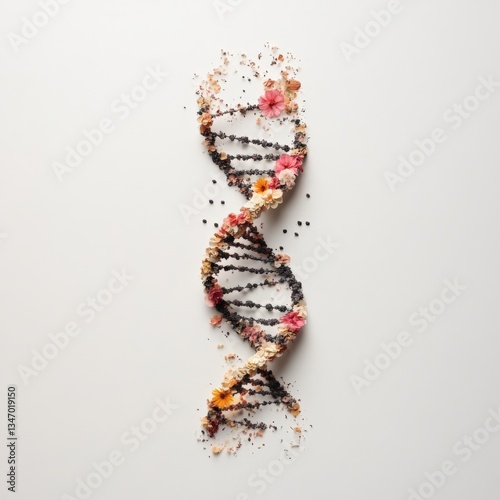 A close-up of a DNA helix intertwined with a flower, isolated against a dramatic black background, symbolizing nature and science.