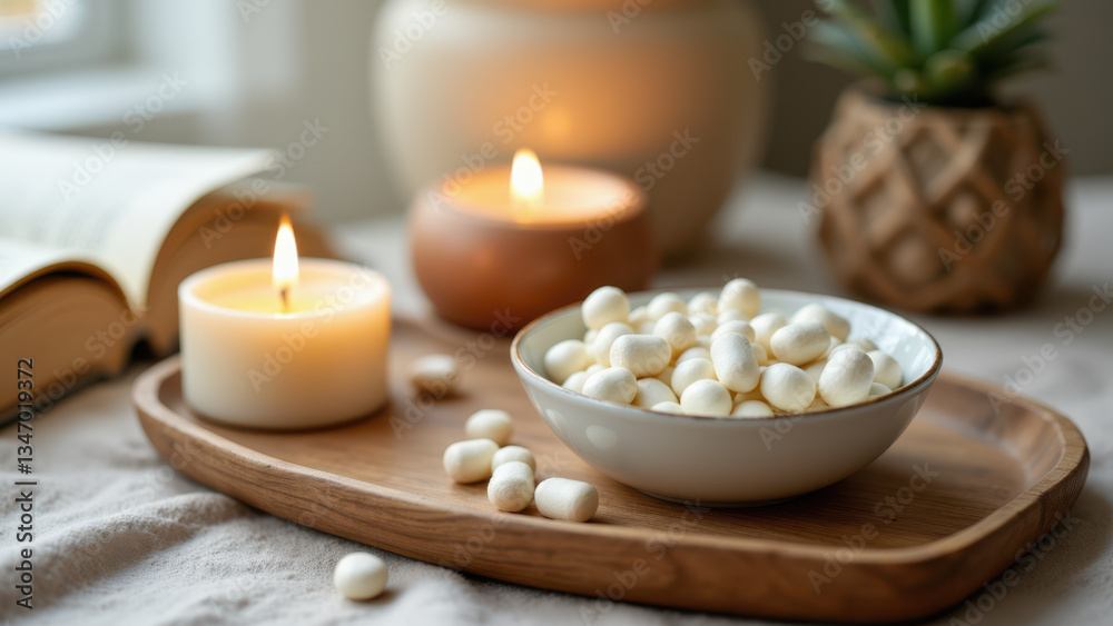 Batch of round magnesium glycinate supplements on wooden tray by candlelight. Batch of round magnesium glycinate supplements on wooden tray by candlelight.